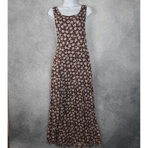 Vintage Express Dress Womens 3/4 Brown Floral Maxi Sundress Pinafore Jumper 90s